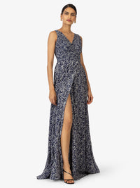 KRAIMOD Abendkleid mit V-Ausschintt | blau-weiss