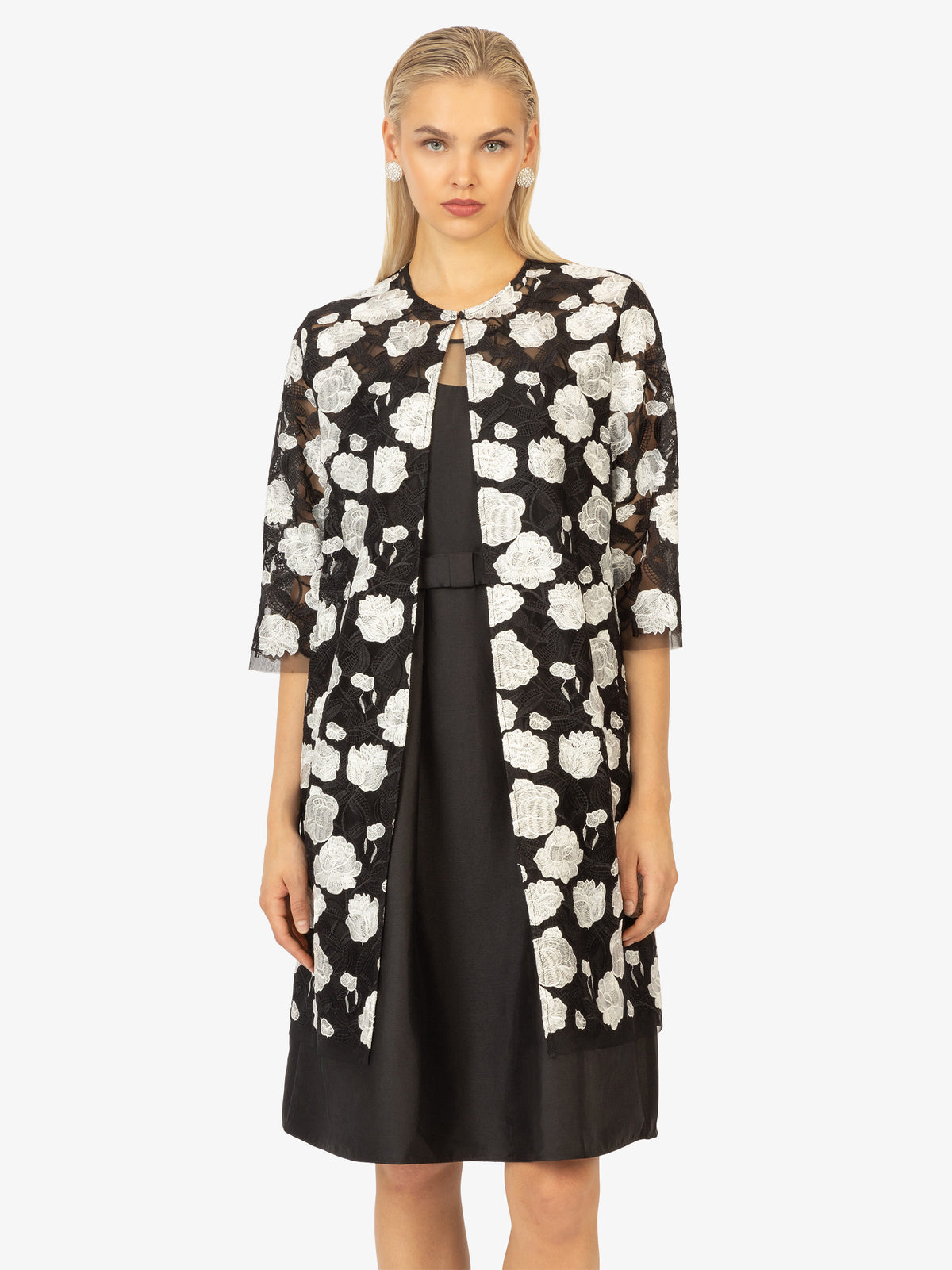 KRAIMOD Abendjacke lang mit florales Muster | schwarz-weiß