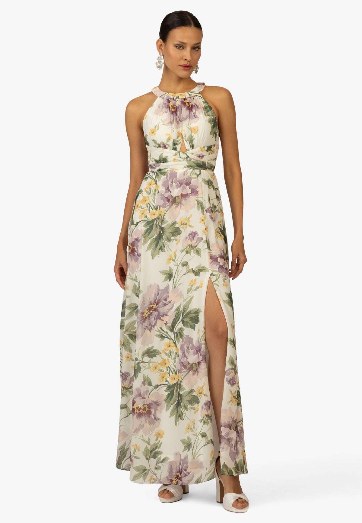 KRAIMOD Abendkleid mit Neckholder und Faltenwurf | weiss-lila-grün