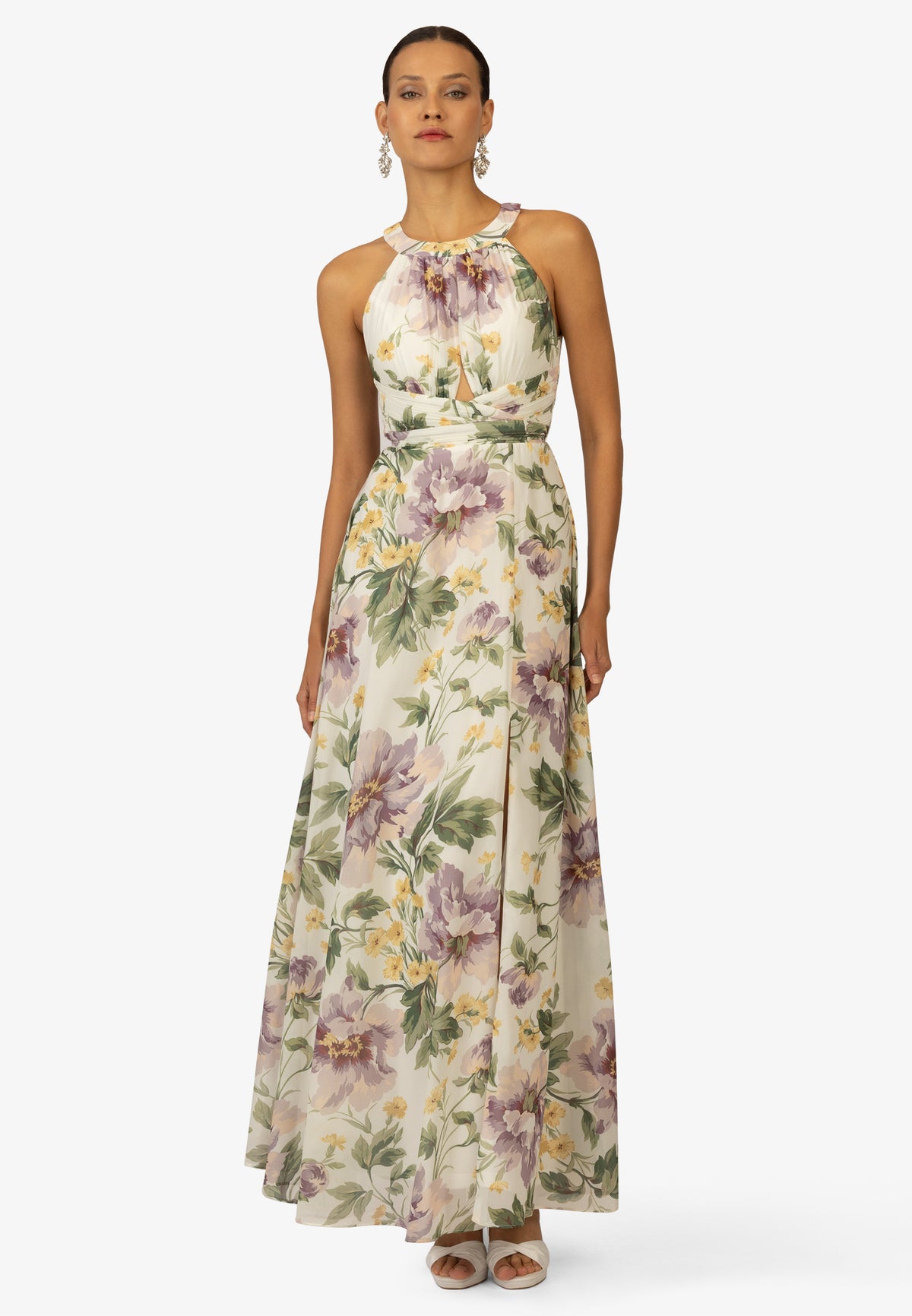 KRAIMOD Abendkleid mit Neckholder und Faltenwurf | weiss-lila-grün
