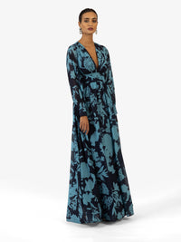 KRAIMOD Abendkleid mit V-Ausschnitt und langen Ärmeln | navy-hellblau