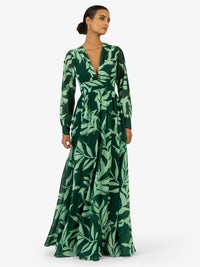 KRAIMOD Abendkleid mit V-Ausschnitt und langen Ärmeln | dunkelgrün-hellgrün