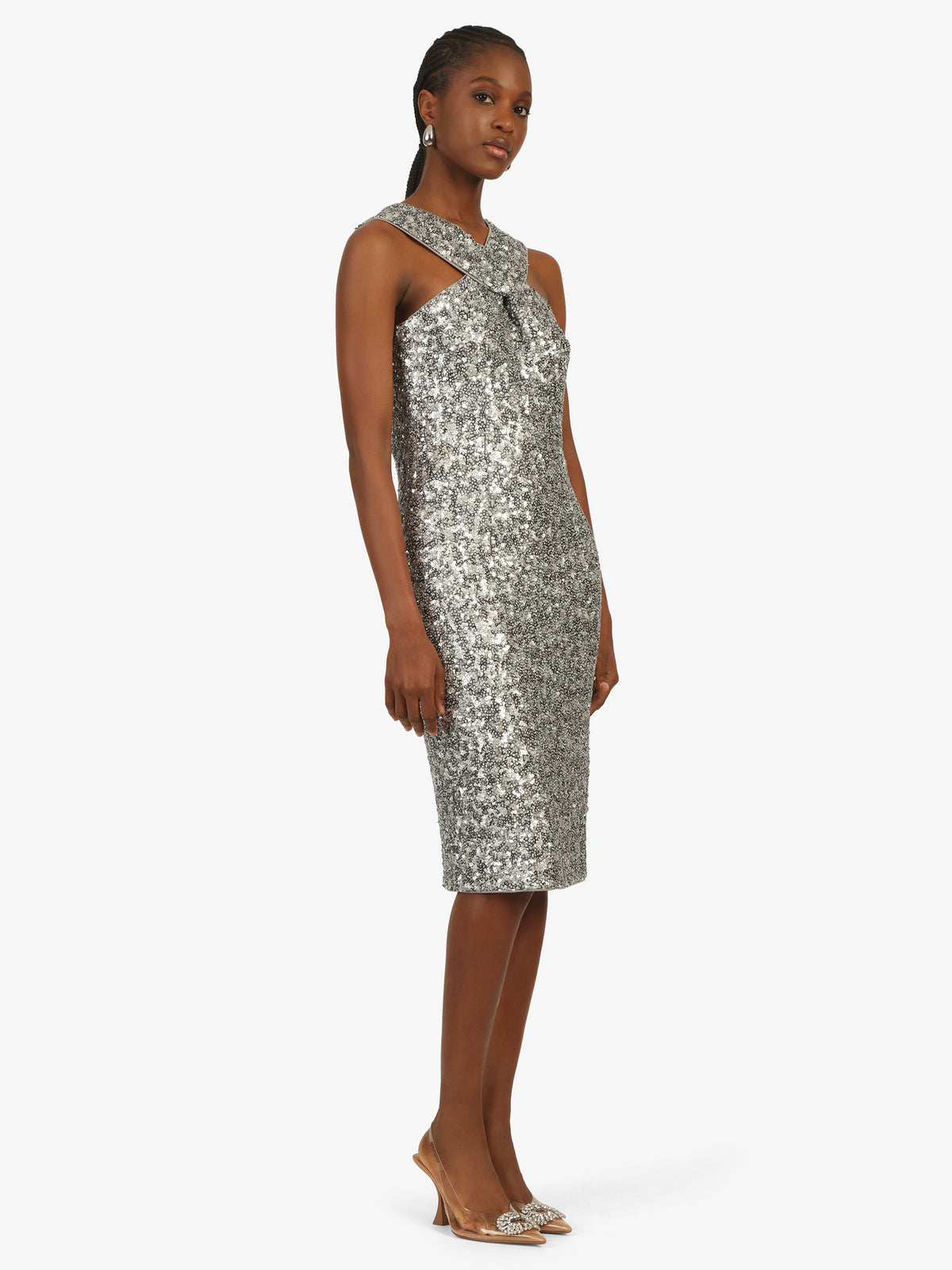 KRAIMOD Cocktailkleid mit überkreuzten Trägern | silber-schwarz