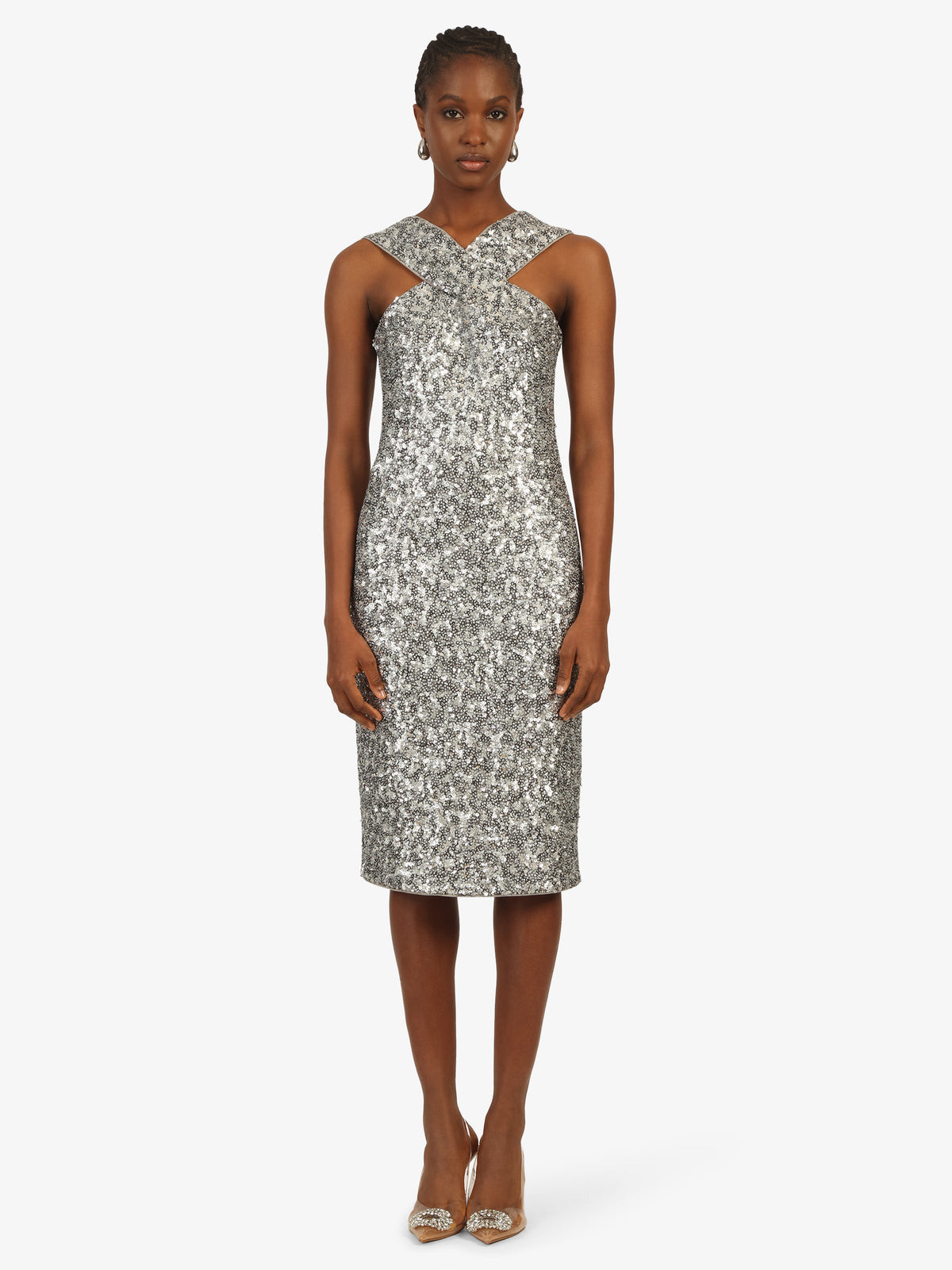 KRAIMOD Cocktailkleid mit überkreuzten Trägern | silber-schwarz