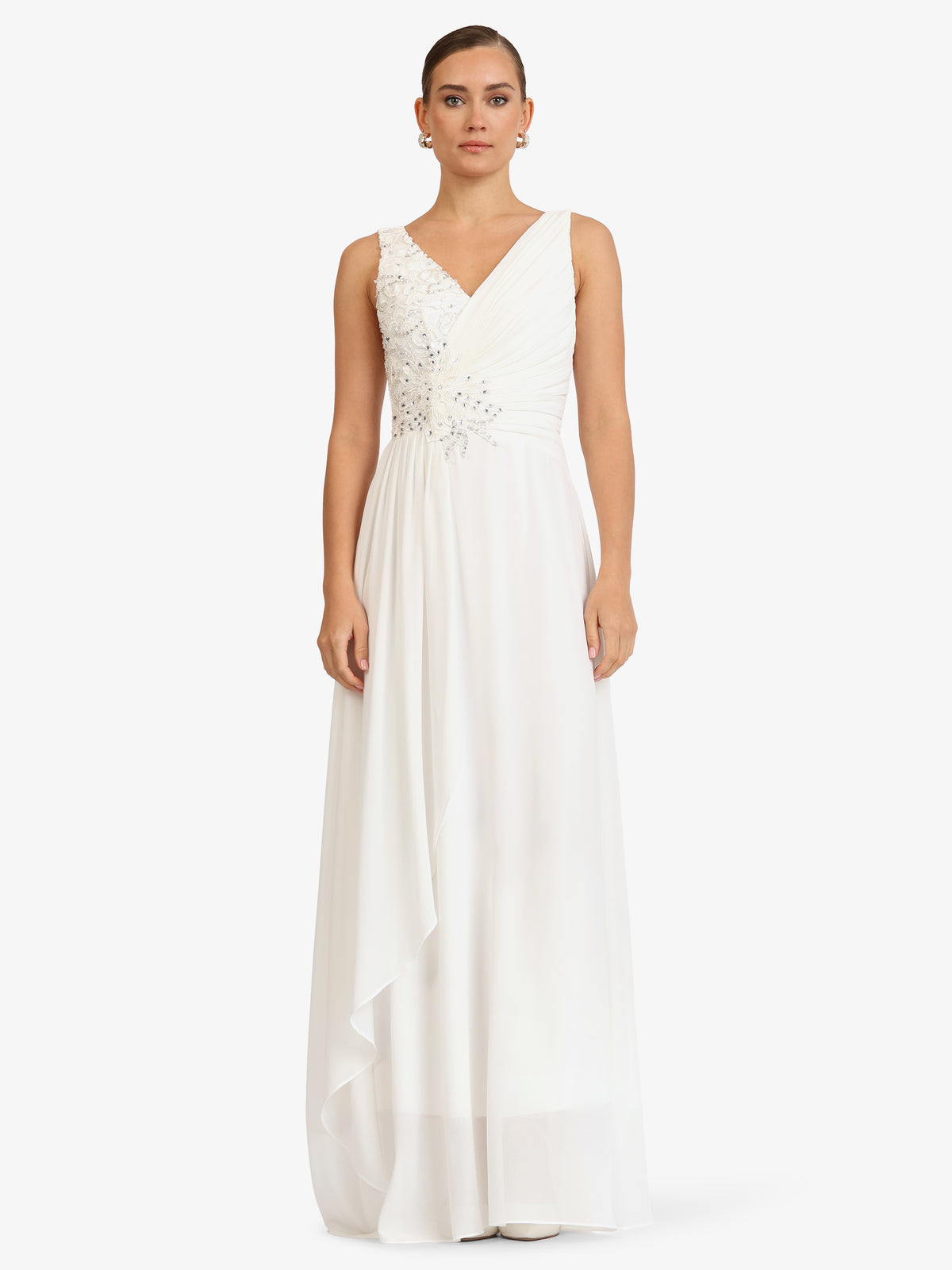 Maxikleid mit Spitze und Zierperlen | weiss