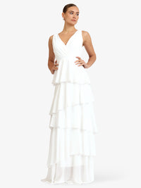 KRAIMOD Abendkleid mit Volantstufen und V-Ausschnitt | weiss