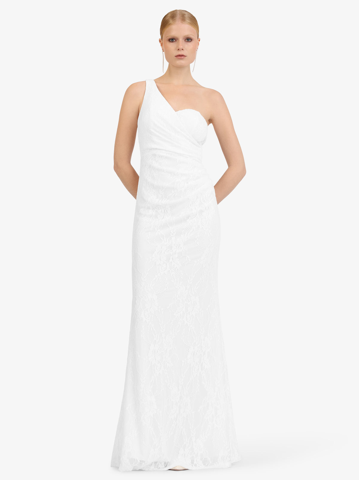 KRAIMOD One-Shoulder-Maxikleid in Spitzenoptik | weiss
