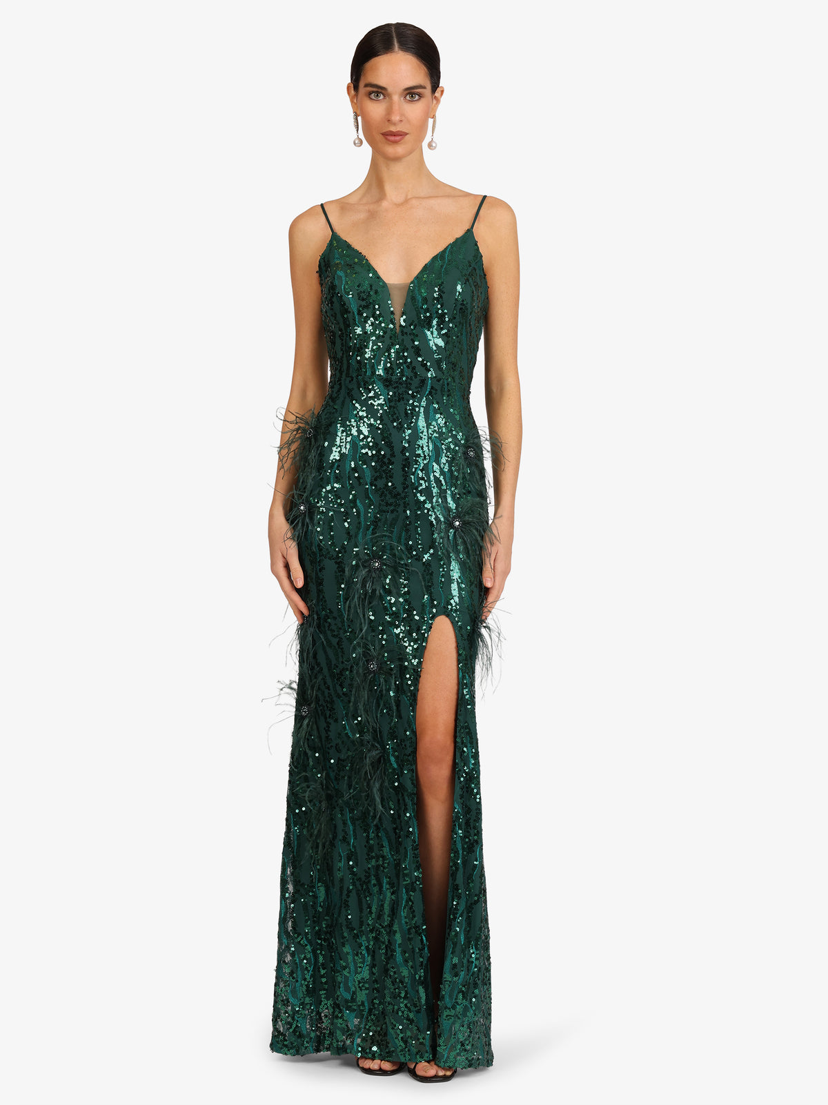KRAIMOD Abendkleid mit Spaghettiträgern und Pailletten | dunkelgrün