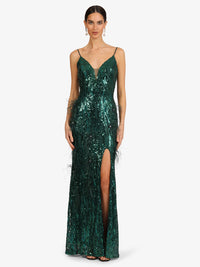 KRAIMOD Abendkleid mit Spaghettiträgern und Pailletten | dunkelgrün