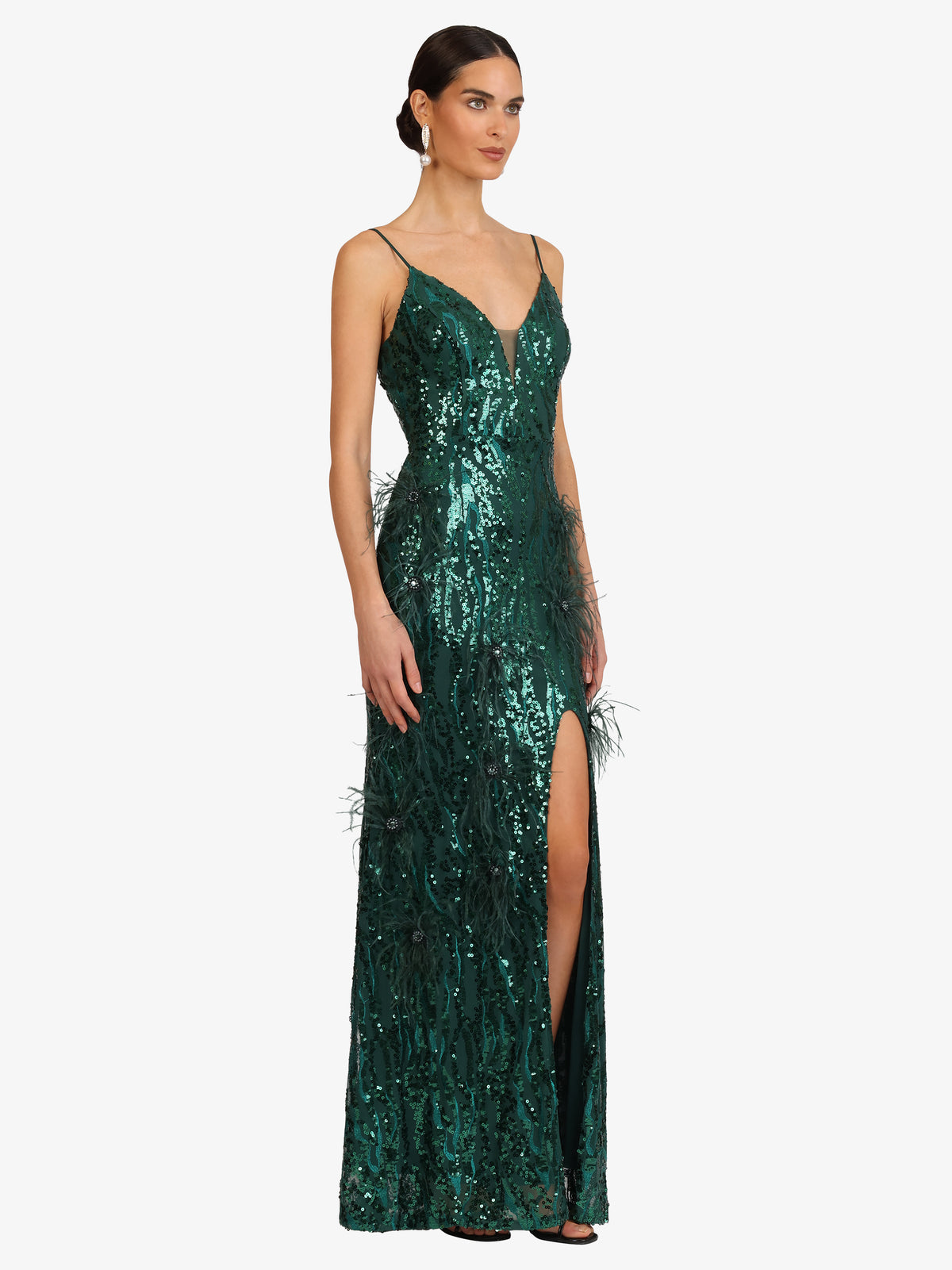KRAIMOD Abendkleid mit Spaghettiträgern und Pailletten | dunkelgrün