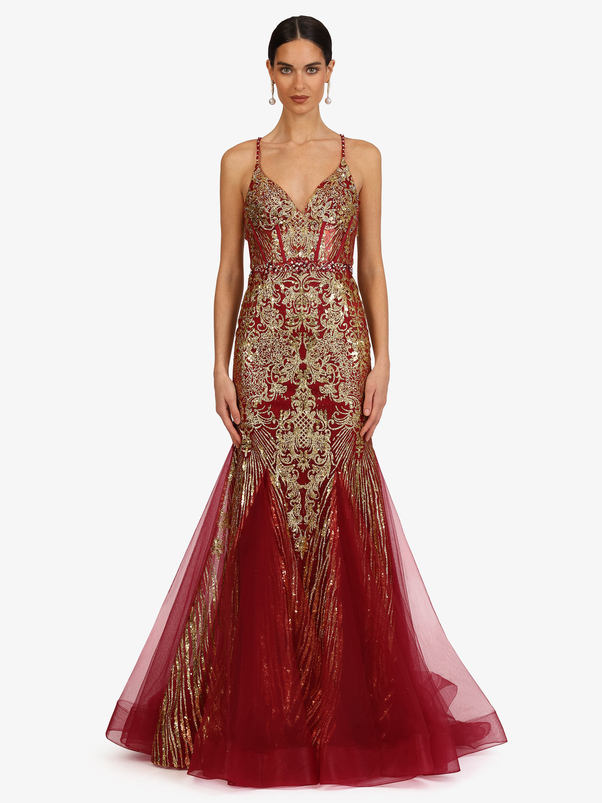 KRAIMOD Abendkleid mit V-Ausschnitt und Tüllsaum | bordeaux-gold