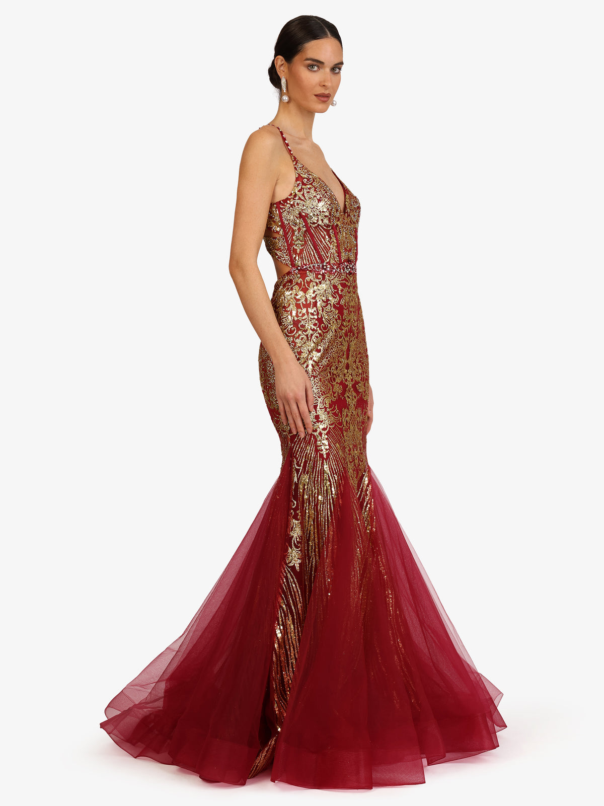 KRAIMOD Abendkleid mit V-Ausschnitt und Tüllsaum | bordeaux-gold