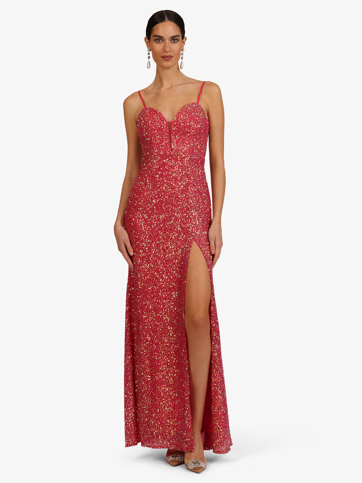 KRAIMOD Abendkleid mit Spaghettiträgern und Herzausschnitt | fushia