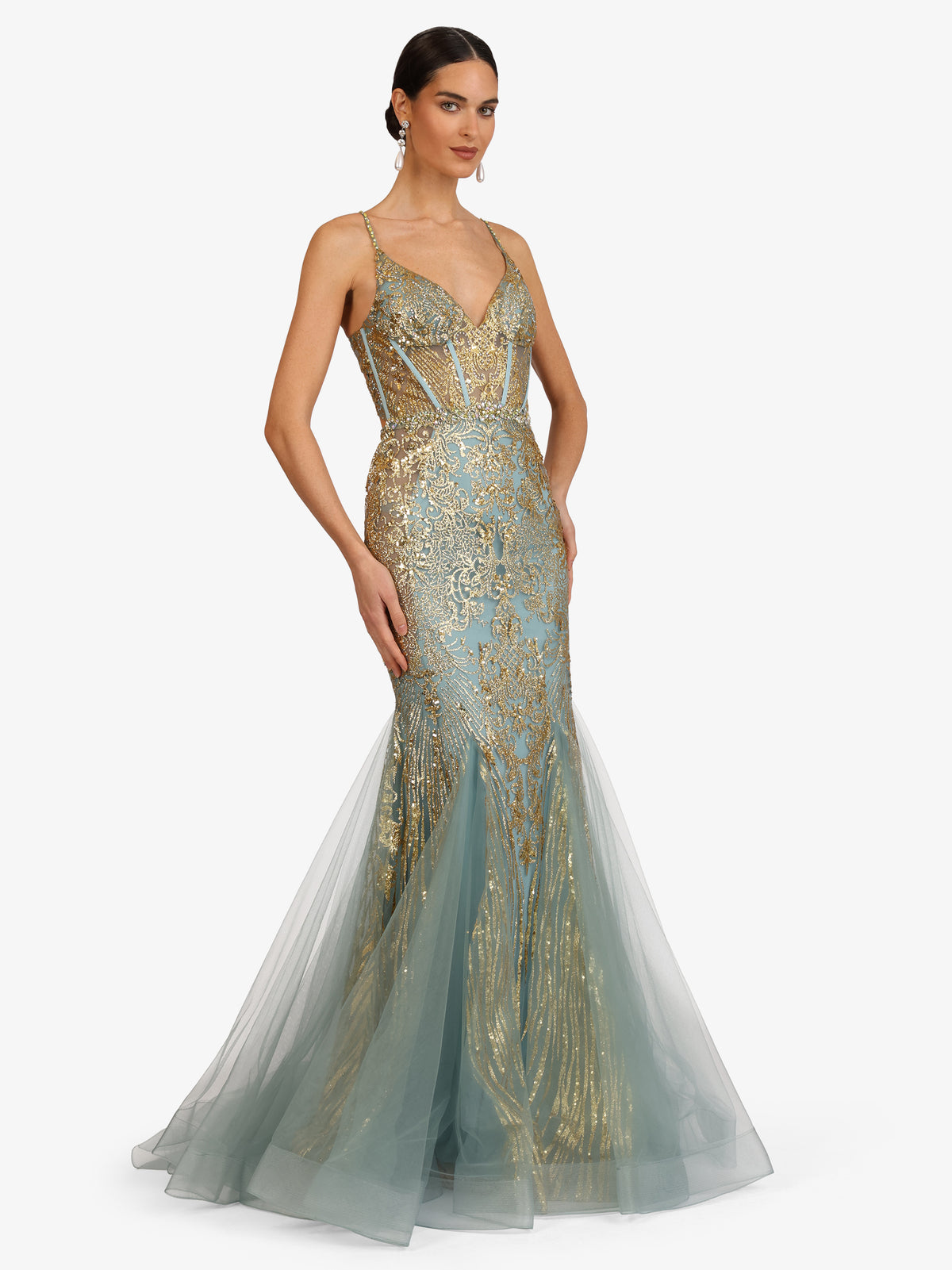 KRAIMOD Abendkleid mit V-Ausschnitt und Tüllsaum | turquoise-gold