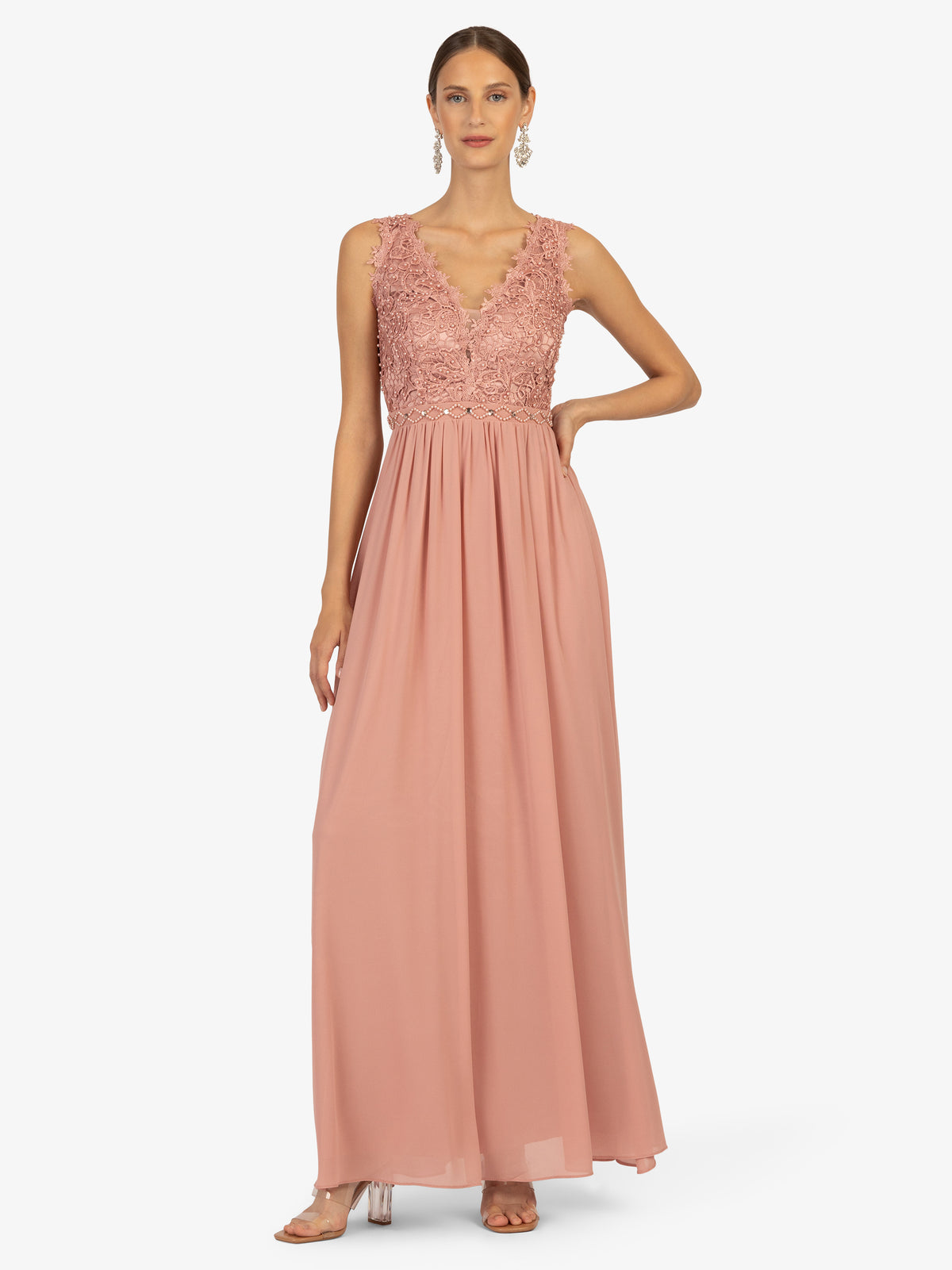 KRAIMOD Luxuriöses Abendkleid mit Spitze und Schmuckperlen | altrosa