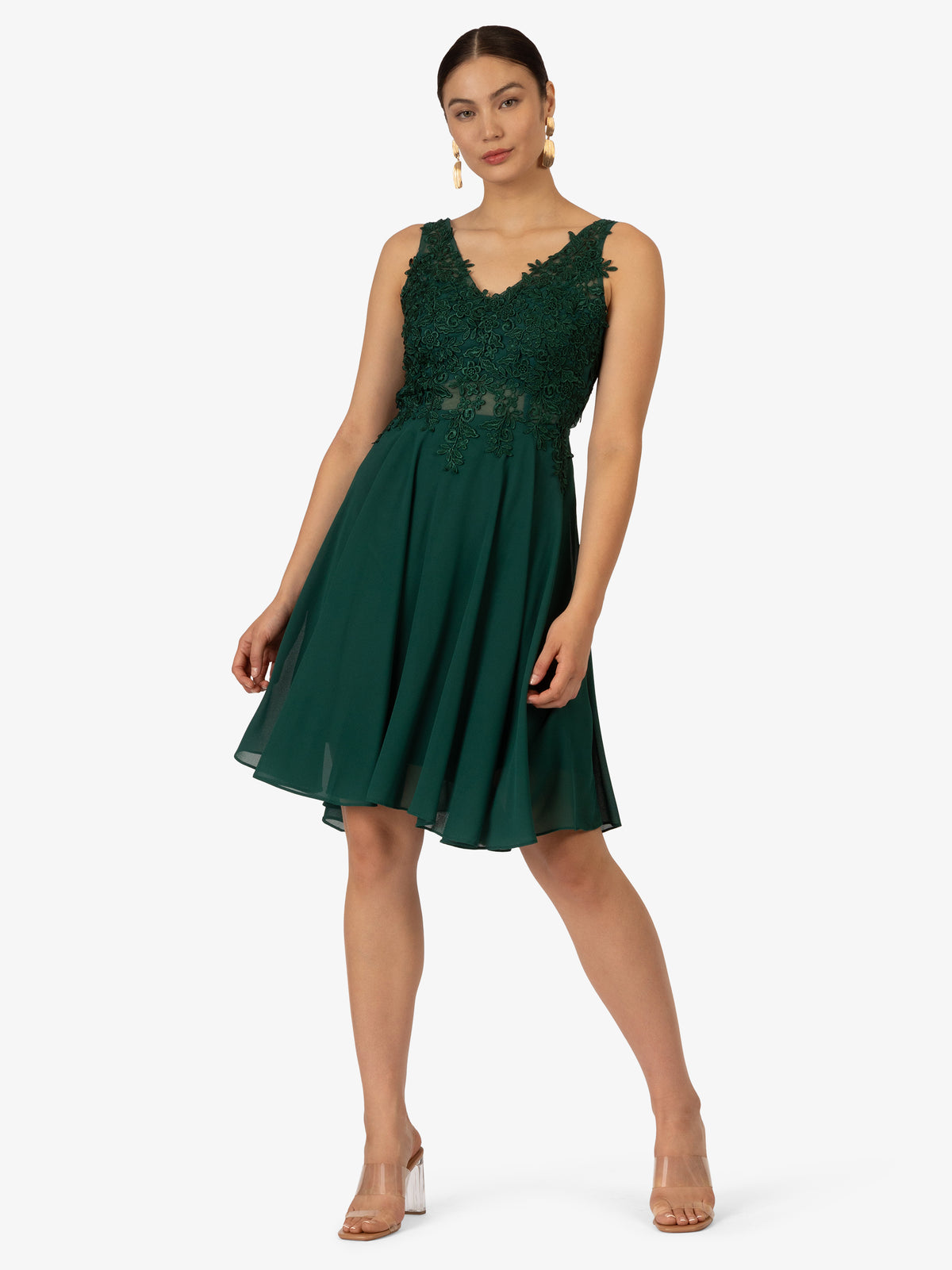 KRAIMOD Cocktailkleid aus Chiffon, Mesh und Spitze | dunkelgrün