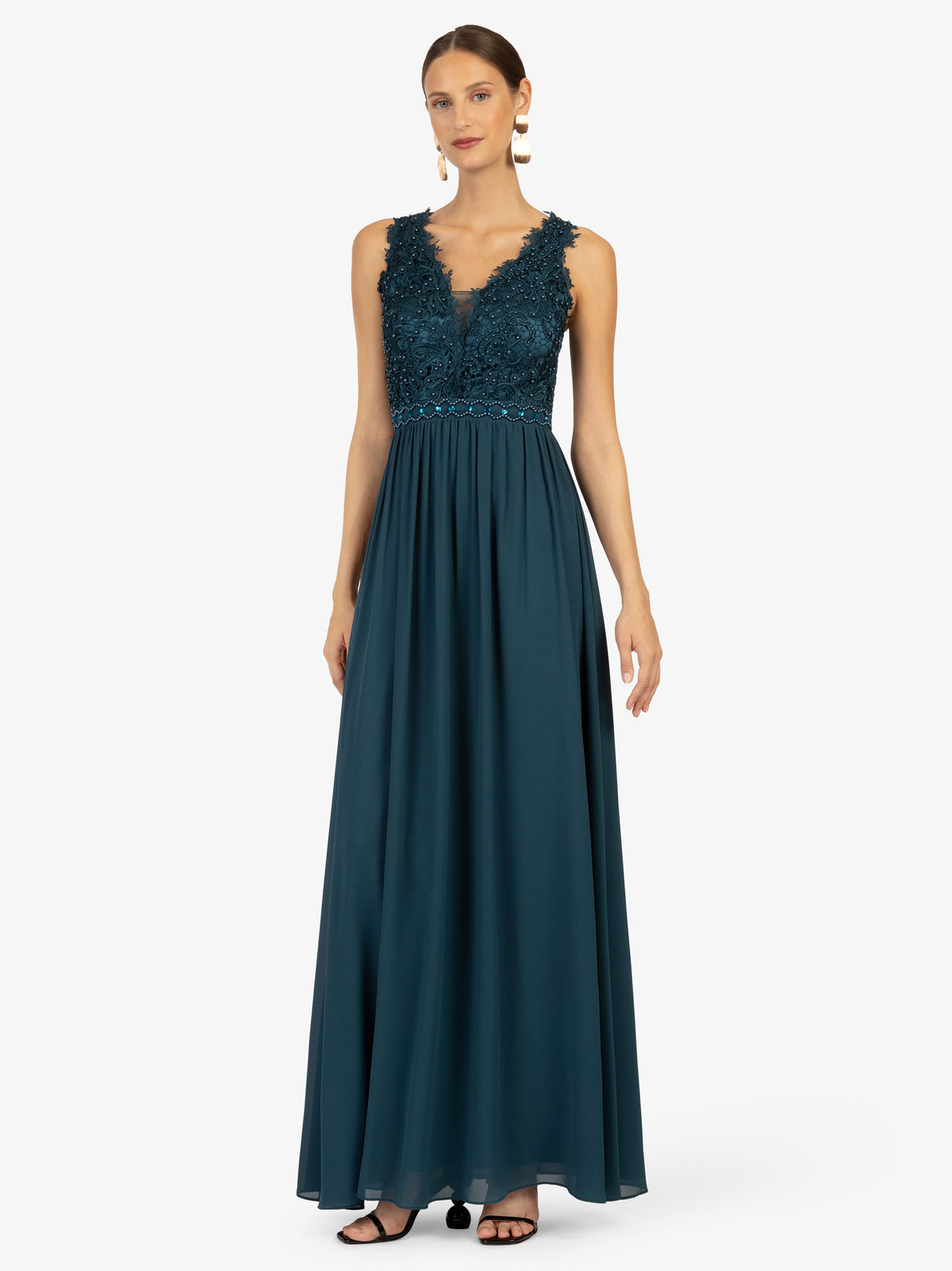 KRAIMOD Luxuriöses Abendkleid mit Spitze und Schmuckperlen | petrol