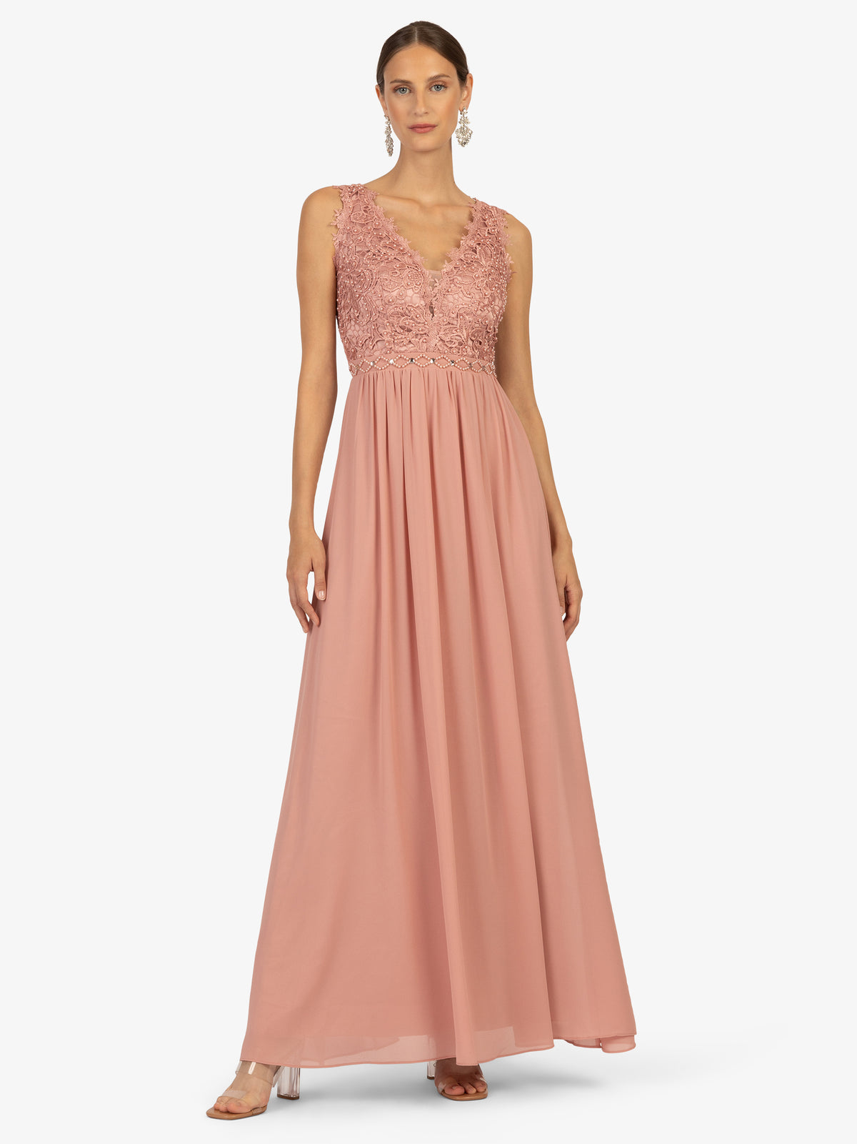 KRAIMOD Luxuriöses Abendkleid mit Spitze und Schmuckperlen | altrosa