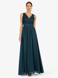 KRAIMOD Luxuriöses Abendkleid mit Spitze und Schmuckperlen | petrol