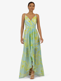 KRAIMOD Abendkleid mit Cache-Coeur-Ausschnitt | grün-gelb