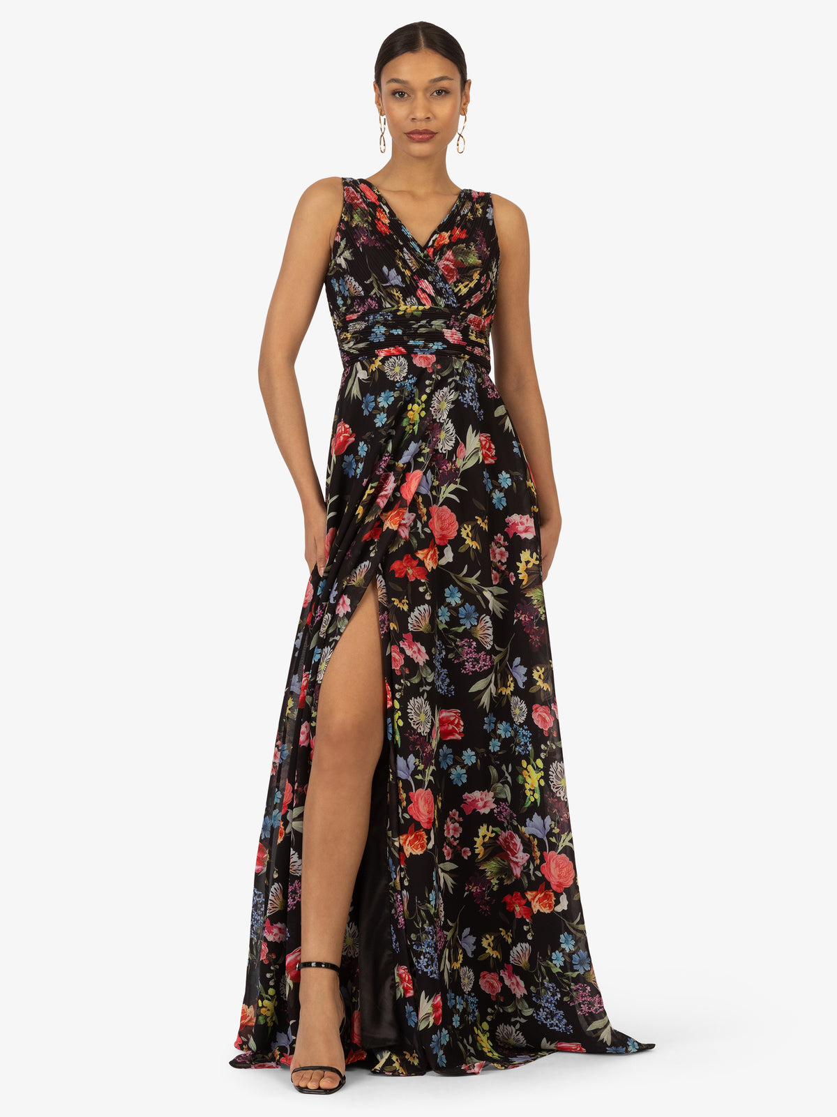 KRAIMOD Abendkleid mit V- und Rücken-Ausschnitt | schwarz-multicolor